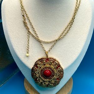 Vintage necklace with stained glass red medallion signed Joan Rivers